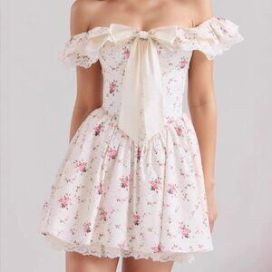 Off-Shoulder Floral Lace Trim Mini Dress | New Cocktail Dress w/ Front Bow